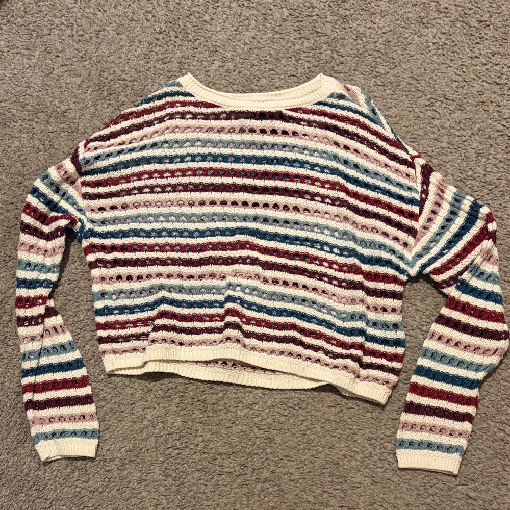 BCX Cream Open-Knit Crewneck Sweater with Blue & Burgundy Stripes